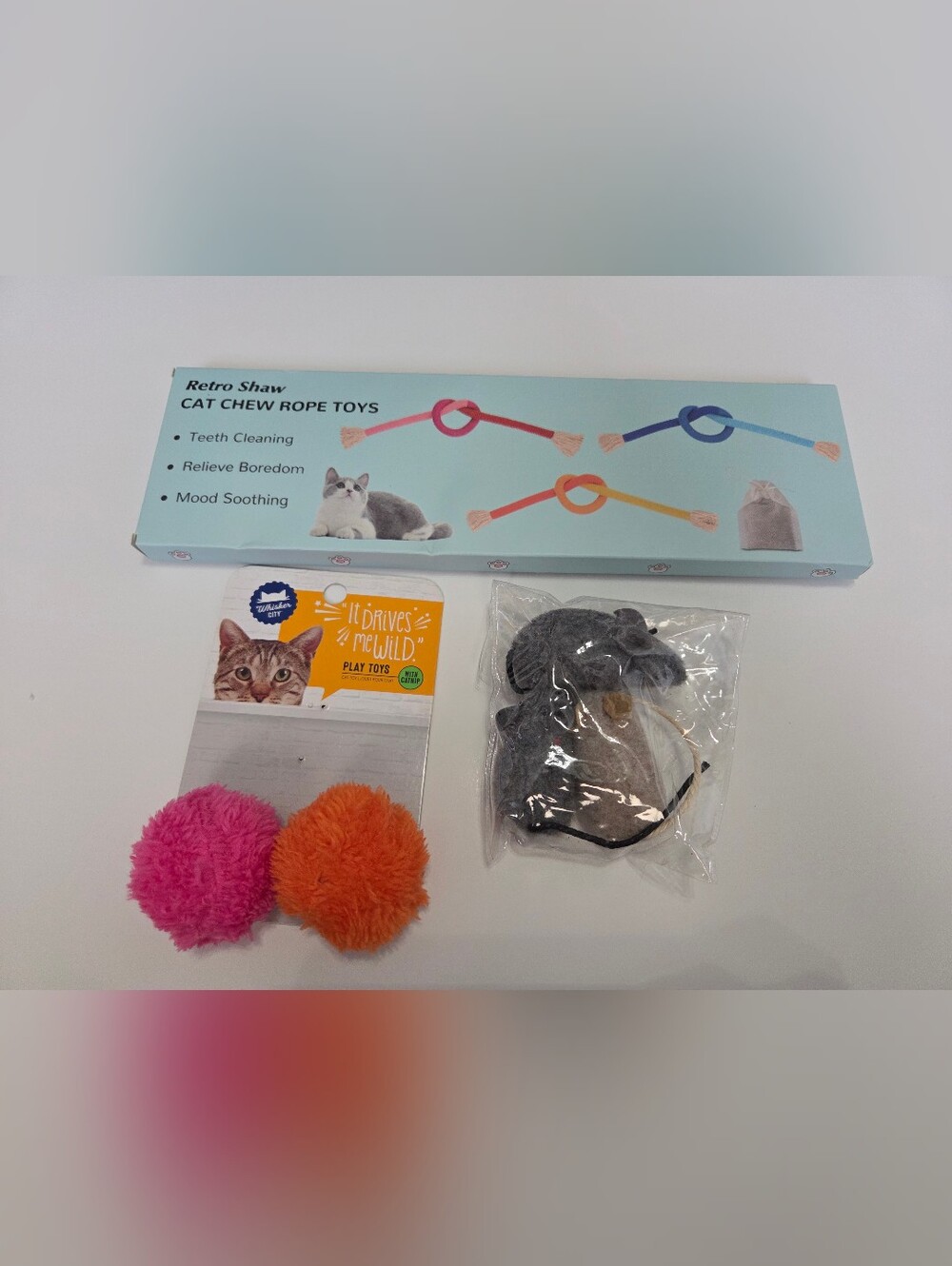 Various Cat Toys-Chew Ropes, Crinkle Terry Balls, And Felt Mice
